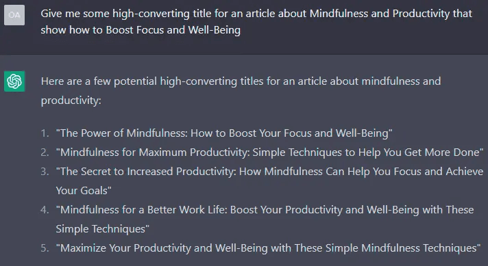 Improve Your Workflow With ChatGPT - results of asking for titles