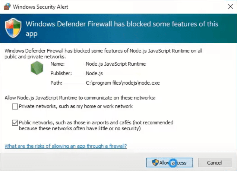 Allow Access to NodeJS Warning